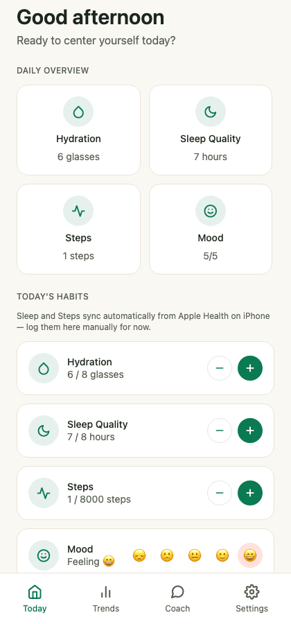 MindLoop Today screen — daily habit overview and check-ins